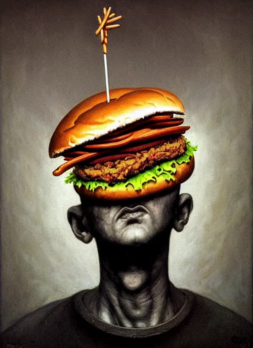 Prompt: hyper detailed 3d render like an Oil painting - Portrait of black metal singer eating a hamburger by Jacek Yerka, Mariusz Lewandowski, Houdini algorithmic generative render, Abstract brush strokes, Masterpiece, Edward Hopper and James Gilleard, Zdzislaw Beksinski, Mark Ryden, Wolfgang Lettl, hints of Yayoi Kasuma, octane render, 8k