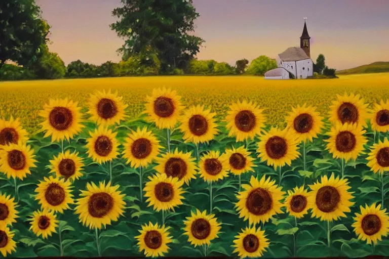 Prompt: a beautiful painting of at dusk, the seats in the church are full of sunflowers and white daisies, muxia style