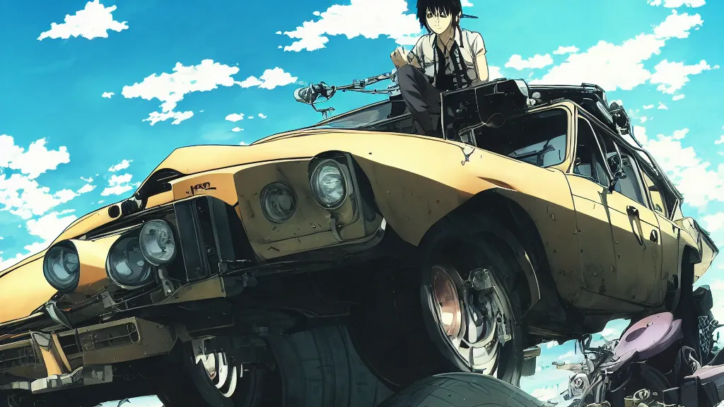 Image similar to anime illustration of mad max's fj 4 0 pursuit special, the last v 8 interceptor driving down to the gates of valhalla highway, riding fury road eternal shiny and chrome, world of fire and blood, by makoto shinkai, ilya kuvshinov, lois van baarle, rossdraws, basquiat, global illumination ray tracing hdr