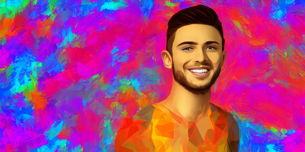 Image similar to most handsome beautiful young man smiling, digital art, colourful background, digital art, seductive.