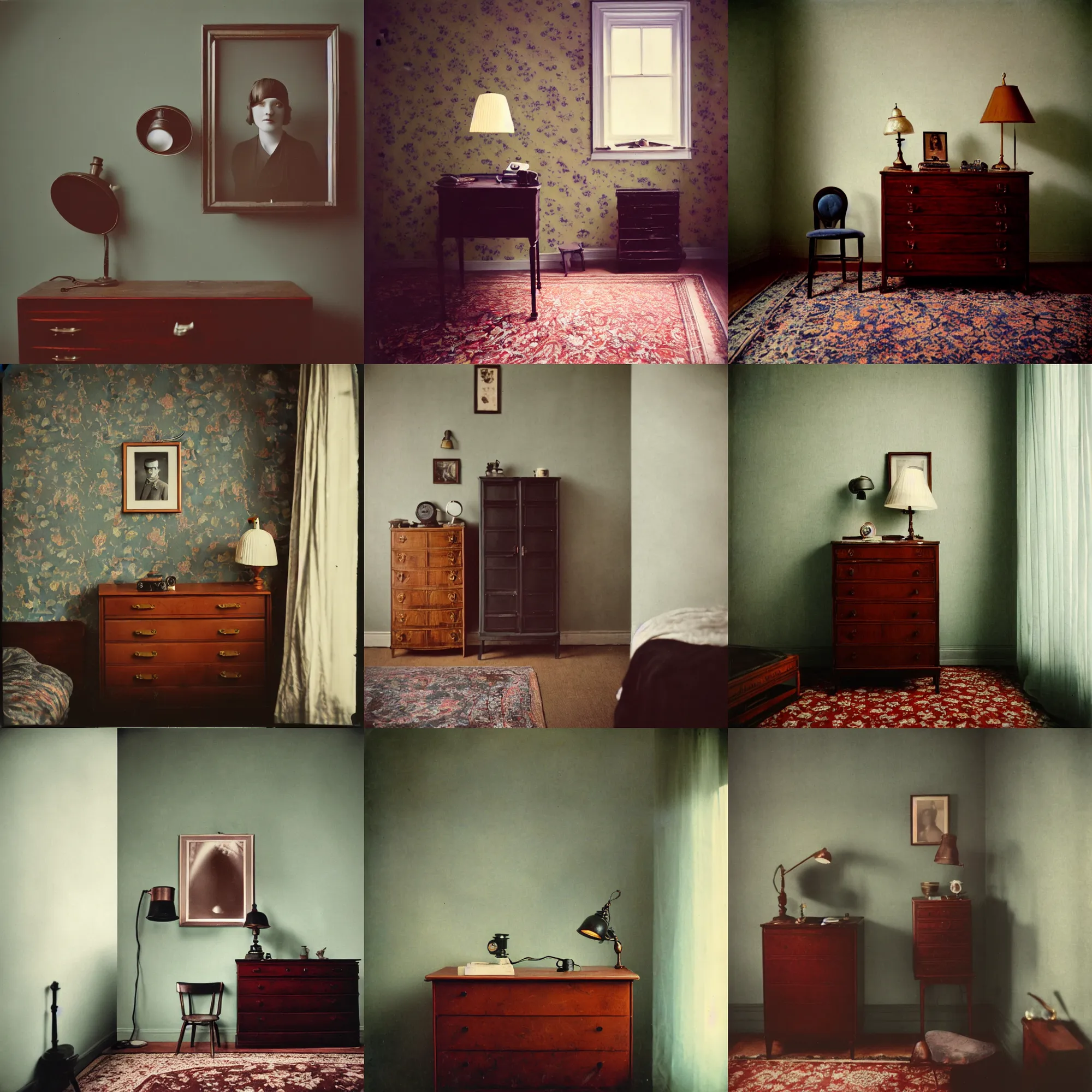 Image similar to kodak portra 4 0 0, wetplate, fisheye, award - winning portrait photo by britt marling, 1 9 2 0 s room, picture frames, 1 9 2 0 s furniture, wallpaper, carpet, shining lamp,, muted colours, blueberry, wood, fog,