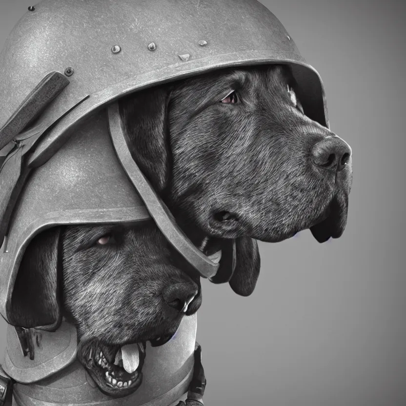 Prompt: a labrador dog wearing soldier helmet in battle, ww 2, historical photo, hyperrealistic, concept art, octane render, unreal engine 5, trending on artstation, high quality, extremely highly detailed, 8 k, black and white, higj contrast, high coherence, close up photo, centered, path traced