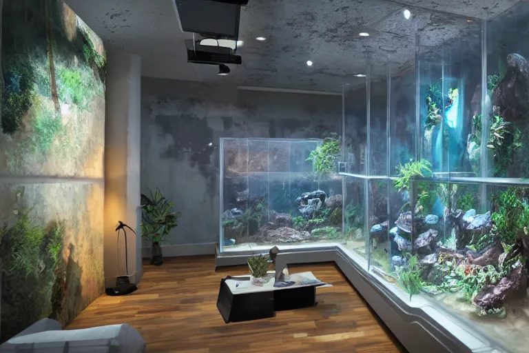 Prompt: the most amazing dream you ever had about spacious interior with aquariums as walls, hyper realistic, ambient lighting, concept art, intricate, hyper detailed, smooth, dynamic volumetric lighting, octane, cinematic