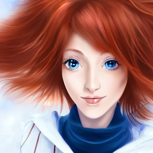 Prompt: selfie of a beautiful woman with auburn hair and blue eyes, smiling at the camera, 4 k, anime digital art