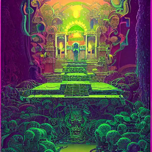 Image similar to overgrown jain temple of death with glowing mayan rainbow skulls, by michael whelan and moebius and beeple and kilian eng and dan mcpharlin and pascal blanche and jamie hewlett and richard dadd, symmetrical, magical stormy reflections, smoke on water, disco laser rays, 8 k