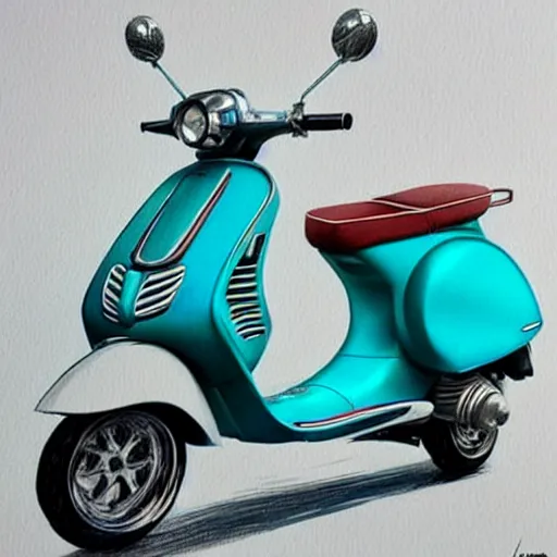 Image similar to a turquoise vespa moped, ultra realistic, concept art, intricate details, highly detailed, photorealistic, pencil and watercolor, art by artgerm and greg rutkowski