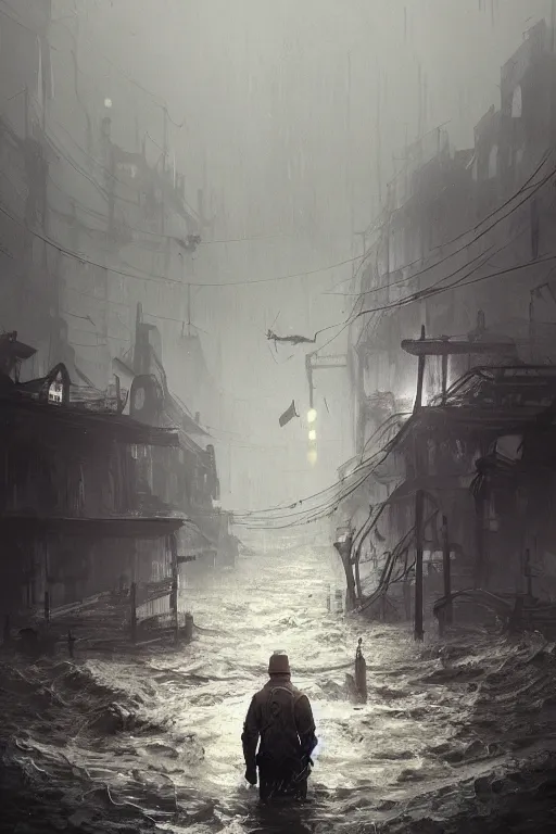 Image similar to sinking city, flood, lovecraftian, chaos, digital art, in the style of greg rutkowski, trending on artstation