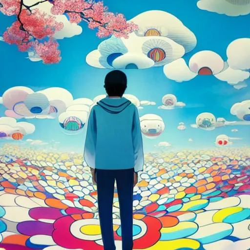 Image similar to a man walking on clouds away from the camera above kyoto by takashi murakami, beeple and james jean, aya takano color style, 4 k, super detailed, modern, 4 k, symmetrical