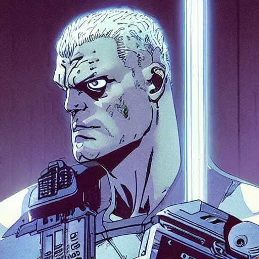 Image similar to Batou from GiTs 2: innocence. Moebius, cyberpunk, masterpiece