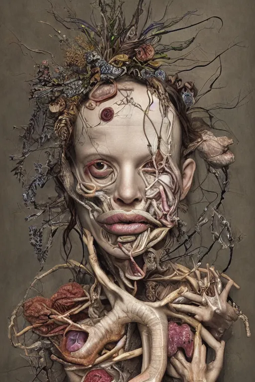 Image similar to Detailed maximalist portrait of a greek god with large lips and eyes, scared expression, botanical anatomy, skeletal with extra flesh, HD mixed media, 3D collage, highly detailed and intricate, surreal illustration in the style of Jenny Saville, dark art, baroque, centred in image