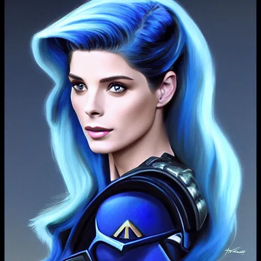 Image similar to Ashley Greene's face combined with Grace Kelly's face with blue hair as a Terran Marine from StarCraft, western, D&D, fantasy, intricate, elegant, highly detailed, digital painting, artstation, concept art, matte, sharp focus, illustration, art by Artgerm and Greg Rutkowski and Alphonse Mucha