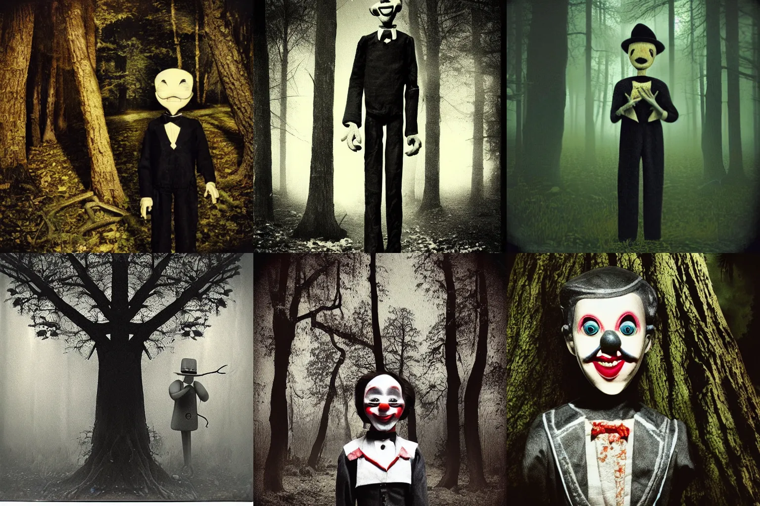 Image similar to A highly detailed masterpiece eerie polaroid of a ventriloquist dummy standing behind a tree in the woods horror, scary, terrifying, horrific, nighttime, dimly lit, creepy hd 4k