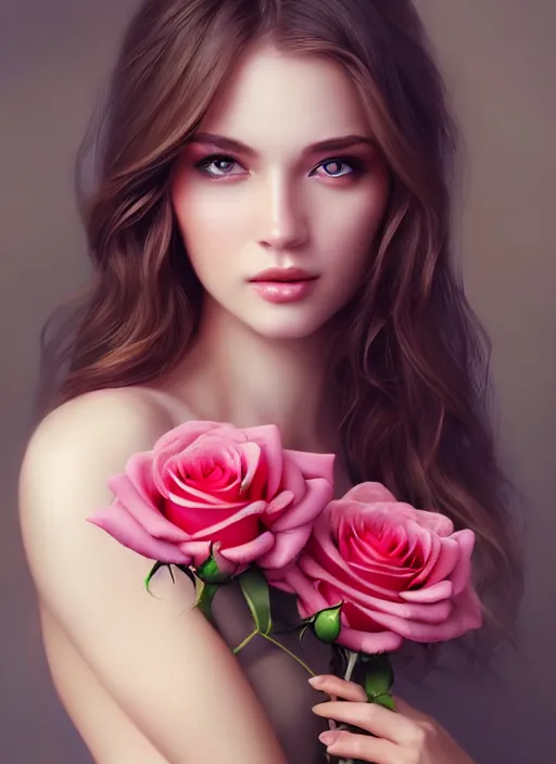 Image similar to a gorgeous female photo, professionally retouched, soft lighting, holding a bouquet of roses, realistic, smooth face, perfect eyes, wide angle, sharp focus on eyes, 8 k high definition, insanely detailed, intricate, elegant, art by artgerm and wlop