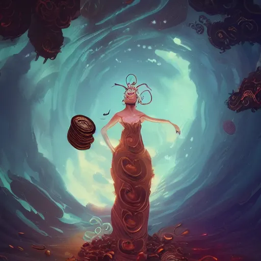 Image similar to goddess of coffee wearing a swirling dress surrounded by coffee beans and steam, matte fantasy painting volumetric lighting by Ross Tran and Jason Felix and Alena Aenami and Greg Rutkowski and Ching Yeh and Anato Finnstark, bokeh backdrop