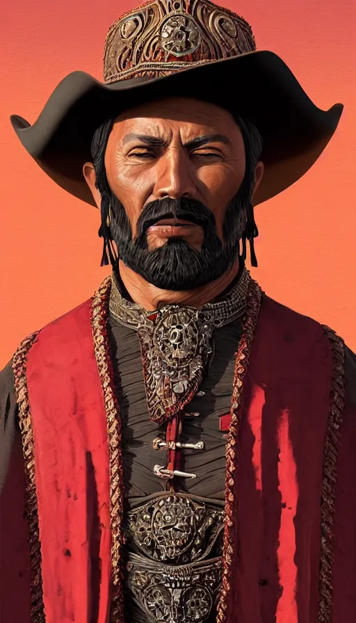 Image similar to ferocious bandido leader full body portrait, forajido cowboy, stern look, late xix century red and carmesi gaucho style, ornate poncho, steppe background, highly detailed, digital painting, character design, artstation, concept art, art by Artgerm, Greg Rutkowski, Craig Mullins, Stanley Artgerm Lau, WLOP, Ross tran, James Jean, red dead redemption, magic the gathering, digital art - W 640