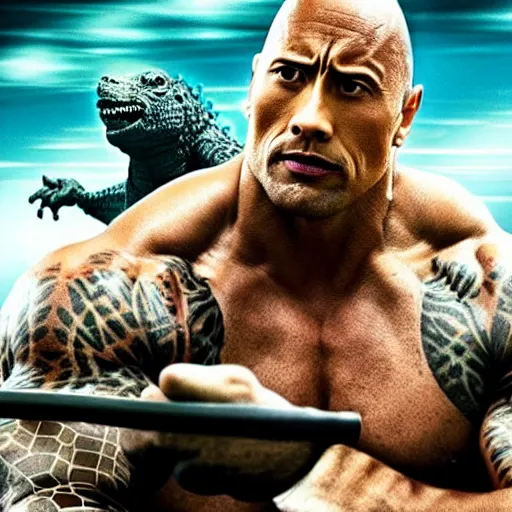 Image similar to movie poster of dwayne johnson with a baseball bat fighting godzilla outside a space station