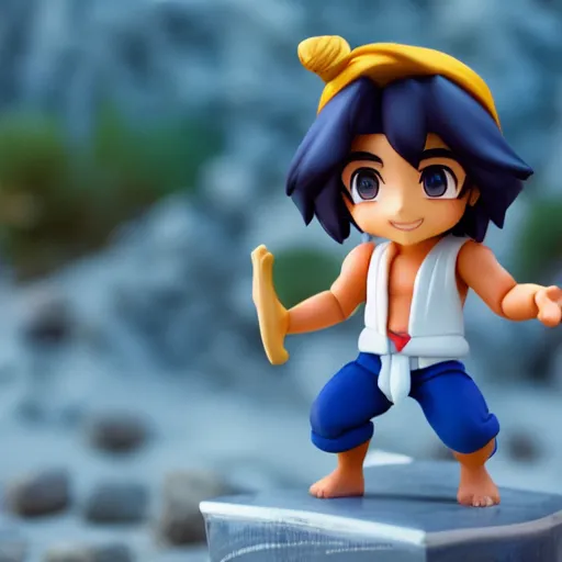 Image similar to young aladdin as nendoroid running in desert village, 8 k hd dof, kodak film,