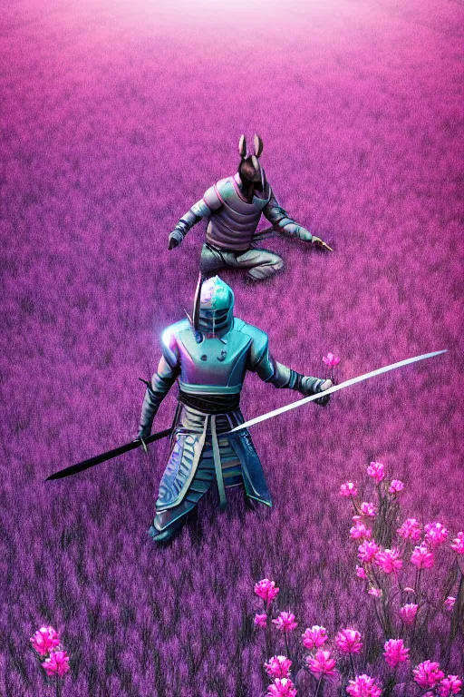 Prompt: illustration cinematic humanoid dragon yielding katana in a field of pink flowers, highly detailed digital art masterpiece, smooth vitaly bulgarov eric zener dramatic blue light, ground angle uhd 8 k, sharp focus