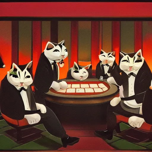 Image similar to fat mobster cats gambling at a table with a single light overhead, dark room, smoke fills the room, korean art style