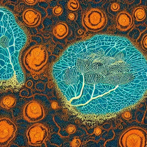 Prompt: beautiful and artistic mycelium on a fantastic planet and unusual inhabitants of the oceans, highly detailed, Pattern with optical illusion