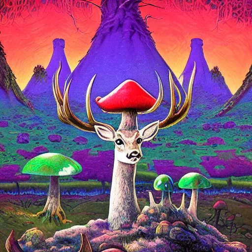 Image similar to 4 k headshot portrait of a psychedelic demonic anthropomorphic deer with mushroom themed clothes, magic mushroom village in background by jeff easley, award winning, stylized neon, post - processing, masterpiece, superb resolution. in the art style of junji ito and greg rutkowski. detailed mushroom city in background. hyper realistic anime. perfect art. dalle 2