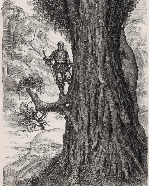 Prompt: an engraving of a german knight standing by a tree by albrecht durer, gustave dore, ian miller ( 1 5 1 2 ), highly detailed, lithoraph engraving, tatterdemalion