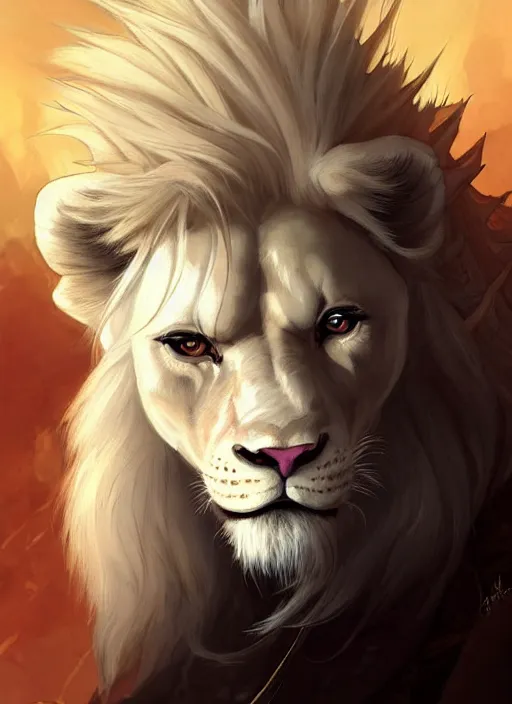 Image similar to aesthetic portrait commission of a of a male fully furry muscular anthro albino lion on a pirates ship wearing an attractive pirates suit with a tail and a beautiful attractive hyperdetailed face at golden hour. Character design by charlie bowater, ross tran, artgerm, and makoto shinkai, detailed, inked, western comic book art, 2021 award winning film poster painting