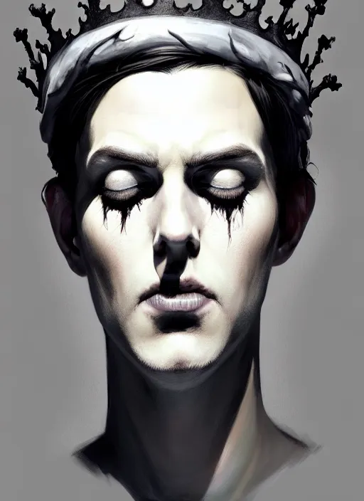 Image similar to portrait of zombie jughead jones wearing a light grey crown, photorealistic, zombie, crown, eyes closed, crown, black hair, intricate, elegant, glowing lights, highly detailed, digital painting, artstation, concept art, sharp focus, illustration, art by wlop, mars ravelo and greg rutkowski