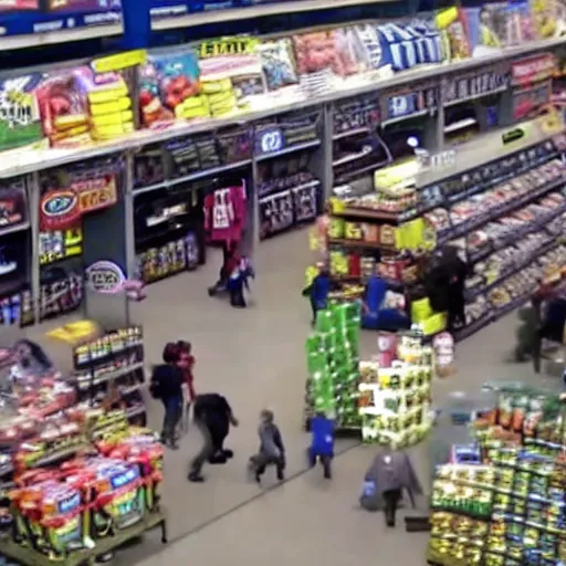 Image similar to cctv footage of gorilla in walmart, high angle security camera feed,