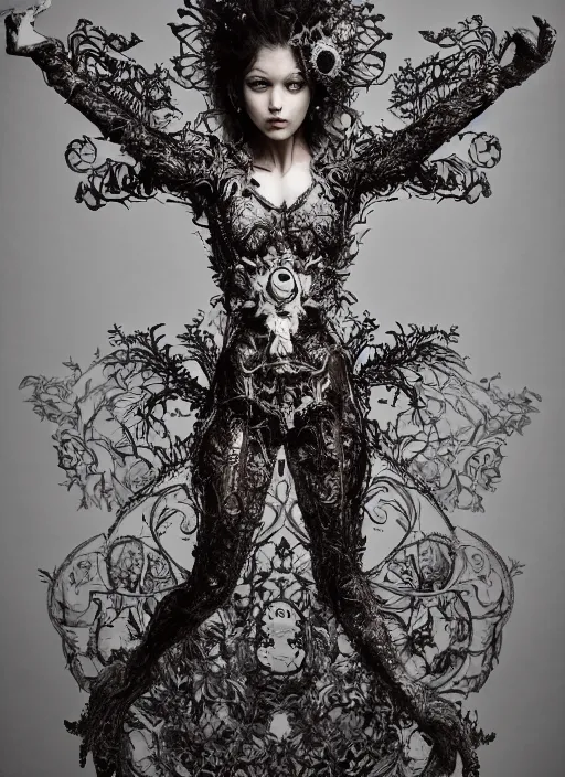 Image similar to a portrait of a female by stefan geselle and nekro borja, photorealistic, intricate details, hyper realistic, fantasy, elegant, baroque, ornate, photorealistic, canon r 3, photography, wide shot, symmetrical features, symmetrical pose, wide angle shot, head to toe, standing pose, feet on the ground, wearable art