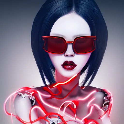 Prompt: albino maiko with futuristic sunglasses and fancy hair, full - body, dynamic pose, red and white neon, concept art, intricate details, highly professionally detailed, cgsociety, highly detailed -