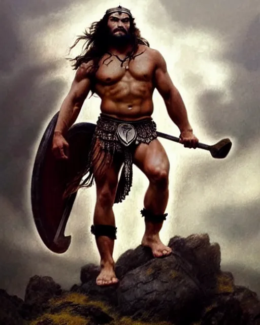 Image similar to beautiful portrait oil painting, jason momoa conan the barbarian thor standing on a rocky hill, wearing a warrior king crown and royal crimson fantasy ornate spartan dragon scale armor, wet skin and hair, muscular!!!, battle action pose, frank frazetta, boris vallejo, greg rutkowski, beautiful cinematic light, low angle, greg rutkowski, high contrast