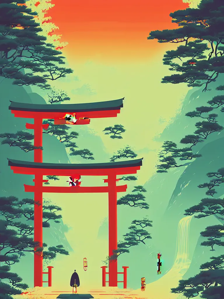 Image similar to a travel to japan poster illustration depicting a japanese torii gate, vintage style, detailed illustration, digital painting, vector art, trending on artstration, by anton fadeev, by alena aenami