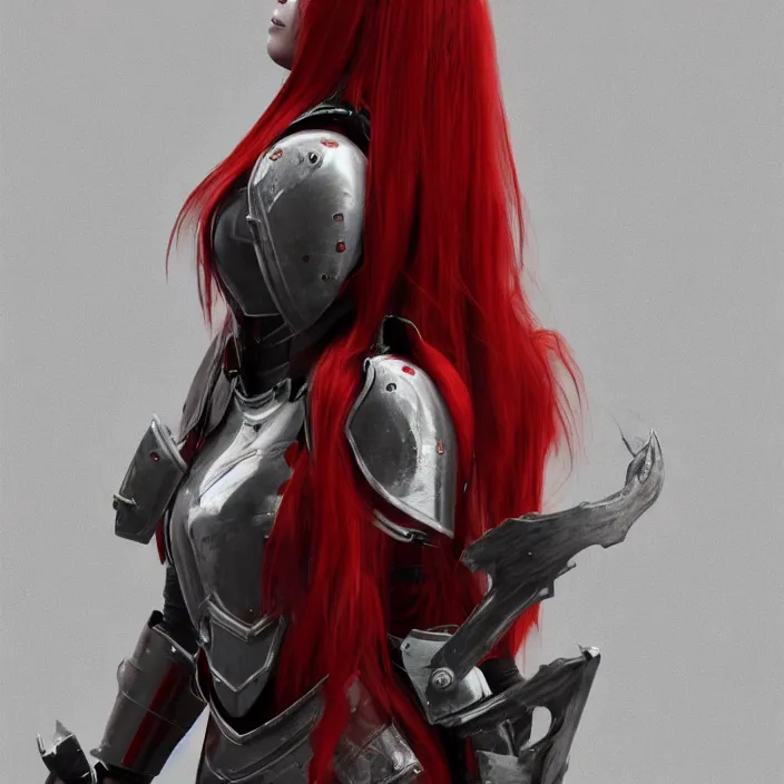 Prompt: a girl with long red hair wearing a red plate armor in a battlefield, 3d render, octane render, unreal engine 5, 8k hdr, hyperrealistic, highly detailed, high quality, concept art, trending on Artstation, full-body armor,