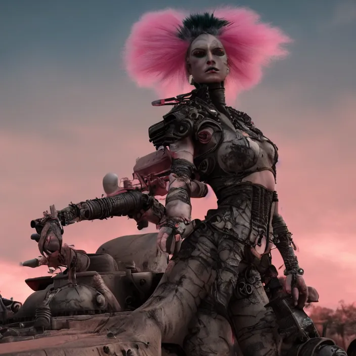 Image similar to beautiful apocalyptic woman with pink Mohawk, posing on mad max panzer tank, 4k ultra hd, fantasy dark art, artstation, octane render