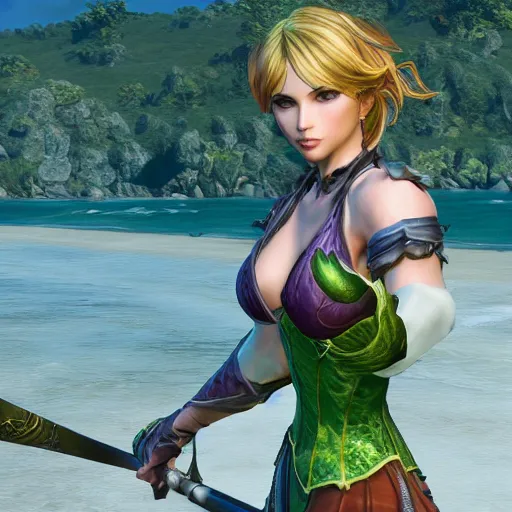Prompt: ivy from soulcalibur at the beach, 4k, high detail, high-resolution photograph, professional photography, ultra-detail
