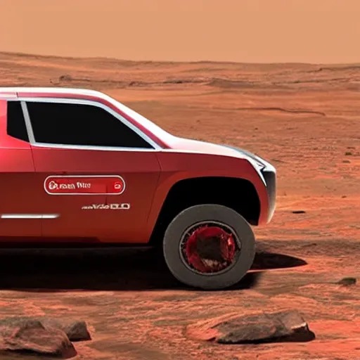 Prompt: A tesla Cybertruck on the surface of Mars, hyper realistic