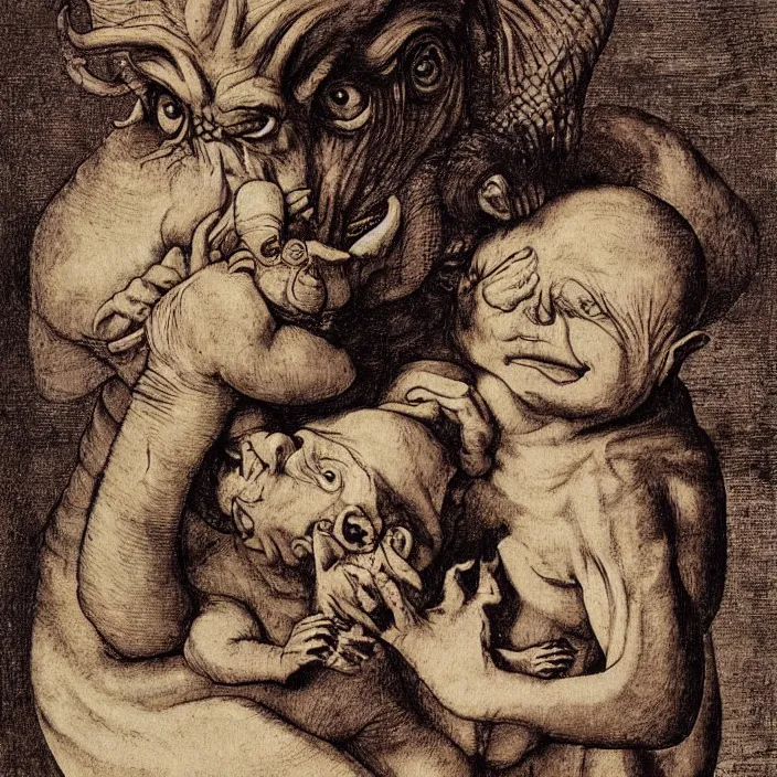 Prompt: a goblin monster mother and a baby, by Hans Holbein the Younger