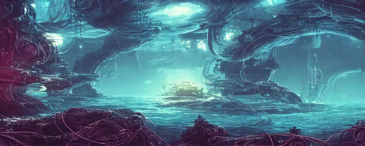 Prompt: ” underwater otherwordly landscape, [ cables, pods, deepsea, cinematic, detailed, epic, widescreen, opening, establishing, mattepainting, photorealistic, realistic textures, octane render, art by slop and paul lehr ] ”