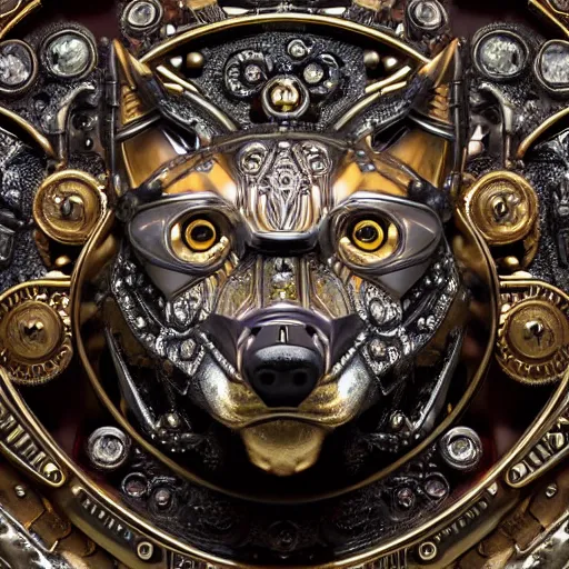 Image similar to A close up symmetric steampunk fox head with sparkling eyes made from ornate engraved full plate armor and Rolex gears and jewels and gems, macro shot by Justin Gerard, unreal engine, detailed, intricate, physically based rendering