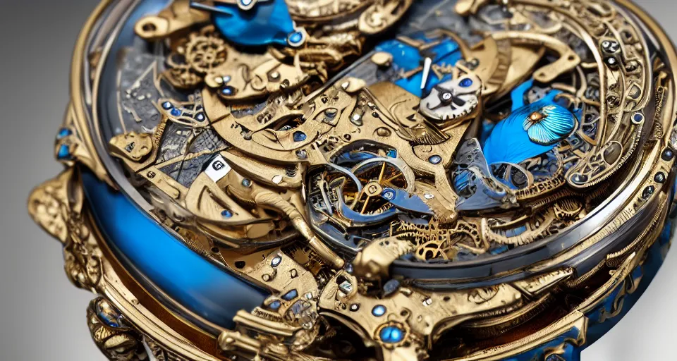 Image similar to a steampunk sleek, jewelled, tropical bird repeater watch by Jaquet Droz, highly detailed illustration highlights, gold and silver highlights, neon blue highlights, macro photography, F/2.8, trending on artstation, octane render