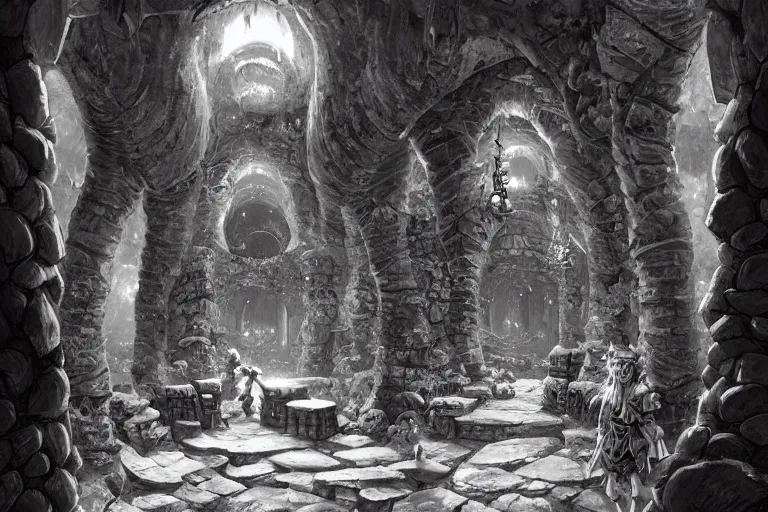 Prompt: black and white one point perspective dungeon cozy fantasy dungeon The mushroom adventurer Fira and their plain conference of trolls are hiding in the ancient stable. artgerm and Craig Mullins, James Jean, Andrey Ryabovichev, Mark Simonetti and Peter Morbacher 16k