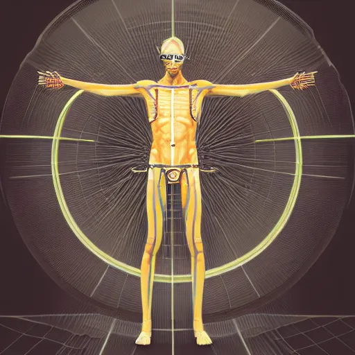 Prompt: a guy standing like the vitruvian man, connected to wires and tubes, wearing goggles, cybernetic, dystopian, Neo Rococo Expressionist, Maximalism, orientalism, diffuse lighting, fantasy, intricate, elegant, highly detailed, lifelike, photorealistic, digital painting, artstation, illustration, concept art, smooth, sharp focus, art by John Collier and Albert Aublet and Krenz Cushart and Artem Demura and Alphonse Mucha