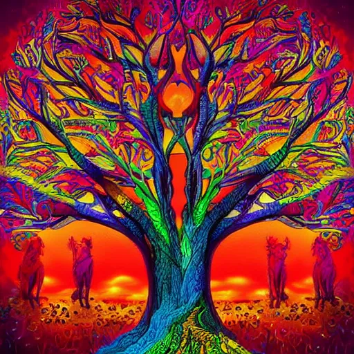 Prompt: the tree of life made up entirely by different breeds of dogs, surreal, digital illustration, vibrant colors, explosion of colors, intricate, highly detailed,