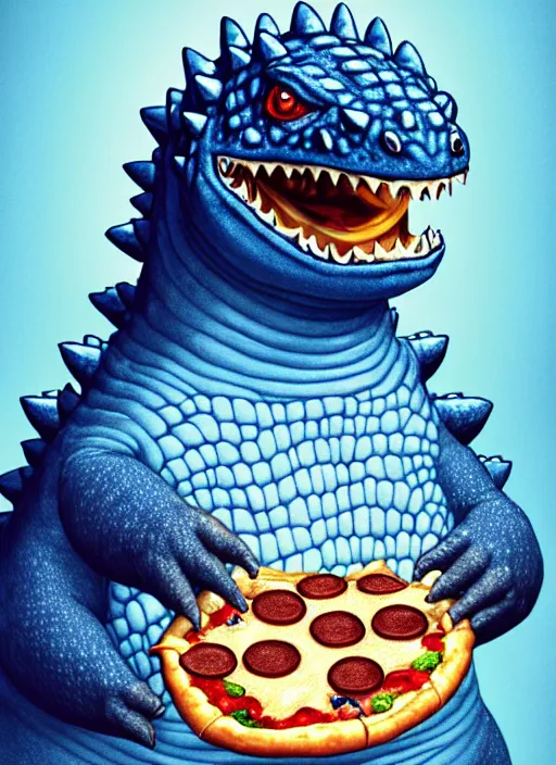 Prompt: portrait of a smiling small fat blue godzilla with a pizza, wearing a propeller beanie, intricate, elegant, candle light, highly detailed, digital painting, artstation, concept art, smooth, sharp focus, illustration, art by wlop, mars ravelo and greg rutkowski