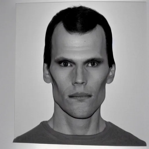 Prompt: A mugshot portrait of a man who looks like Jerma985 with short length wavy hair and a slightly receded hairline and thin bangs, wearing mid 1980s menswear in the late 1980s, taken in the late 1980s, grainy, realistic, hyperrealistic, very realistic, highly detailed, very detailed, extremely detailed, detailed, trending on artstation, front facing, front view, headshot and bodyshot, detailed face, very detailed face