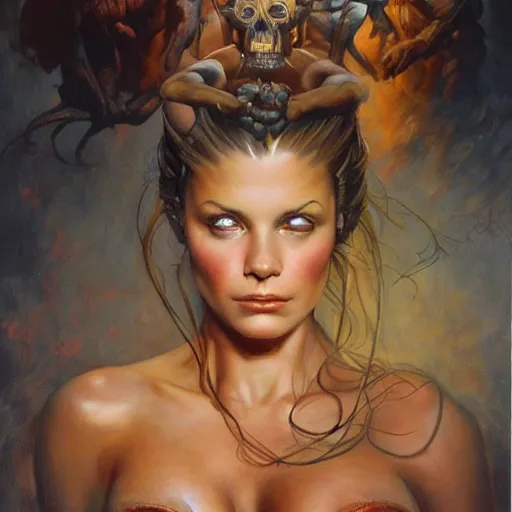 Image similar to detailed portrait of mind blown intricate, hyper detailed, realistic, oil painting, by julie bell, frank frazetta, cinematic lighting