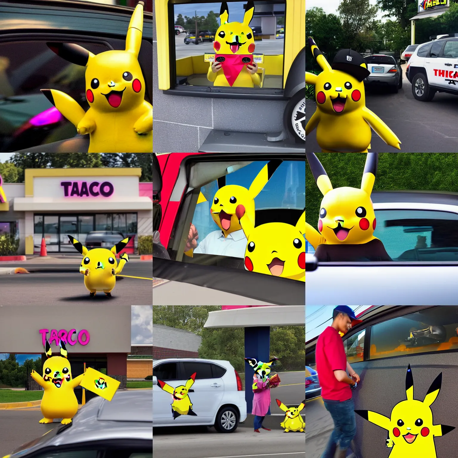 Prompt: Pikachu working the drive thru at Taco Bell, photograph