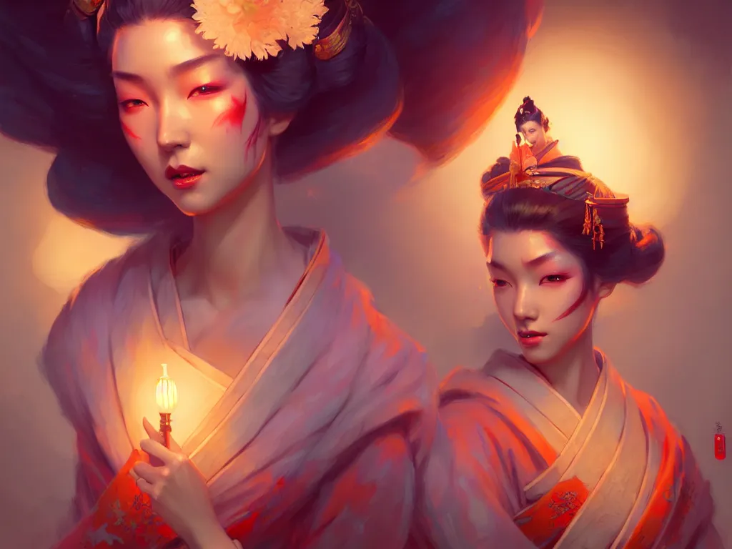 Image similar to pretty geisha, d & d digital painting, ultra realistic, beautiful, volumetric lighting, warm colors advance, cell shading, by james jean, greg rutkowski, wlop