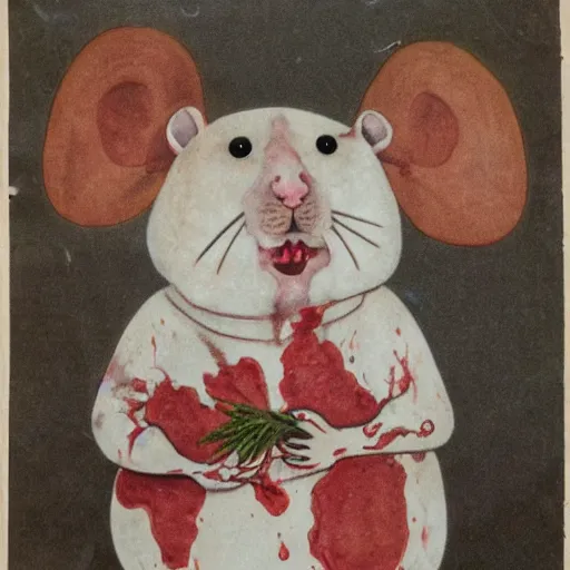 Image similar to an immortal dead hamster in a butcher's suit with an evil face, in an apron covered in blood, holding cleavers in his hands. the hamster has 4 arms. front view.